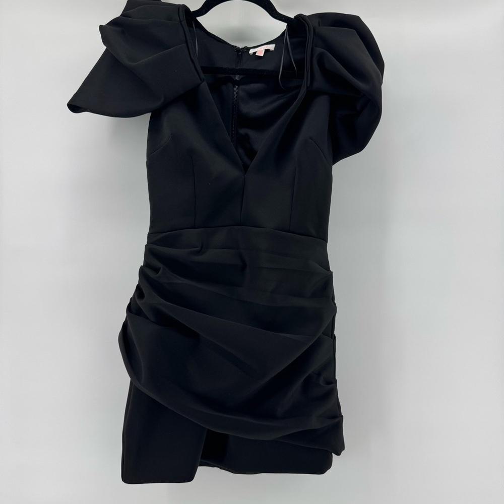 Luxxel Black Ruched Mini Dress Statement Puffy Sleeves V-Neck Sz M - Picture 3 of 13